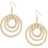MINACHI Boho Chic Handmade Rattan Wood Dangle Drop Earrings for Women, Bohemian Summer Beach Statement Jewelry Gift for Women