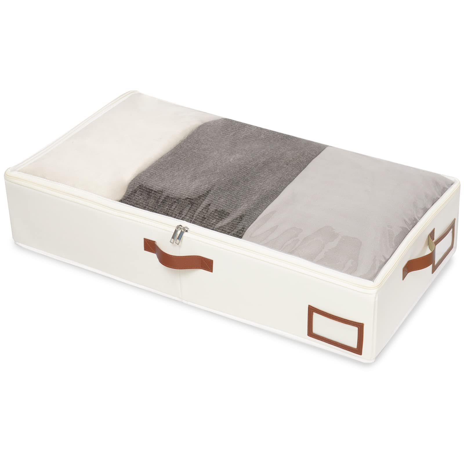 Yawinhe Underbed Storage Boxes with lid, Foldable Clothing Bags, Clothes Organizer with Sturdy Zipper, Clear Window and Reinforced Handles, for Blanket, 1 Pack, 80x40x15cm, Beige, SNH001BEL-1