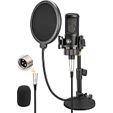 XLR Condenser Microphone with 26mm Large Diaphragm, Professional Cardioid Recording Studio Mic Kit with Metal Desktop Stand, Pop Filter for Streaming, Podcasting, Gaming, Voice-Over, Vocal, Youtube