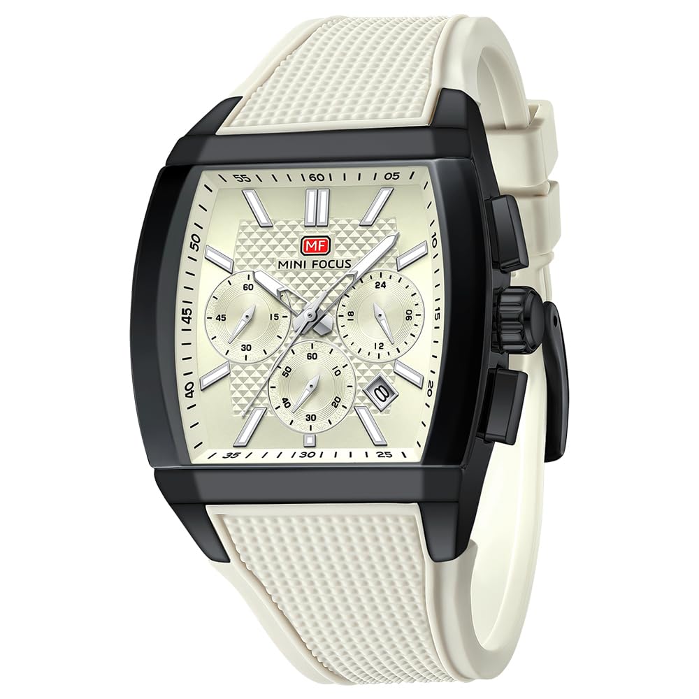 MF MINI FOCUS Reloj de pulsera analógico de moda para hombre, reloj Tonneau para hombre con cronógrafo, ideal para entusiastas de los deportes y uso diario (blanquecino)