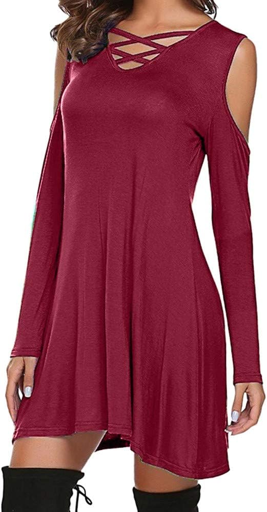 Ladies Dress,Women Soild Casual Round Neck Cross Bandage Long Sleeve Cold Shoulder Knee-Length Mini Dress