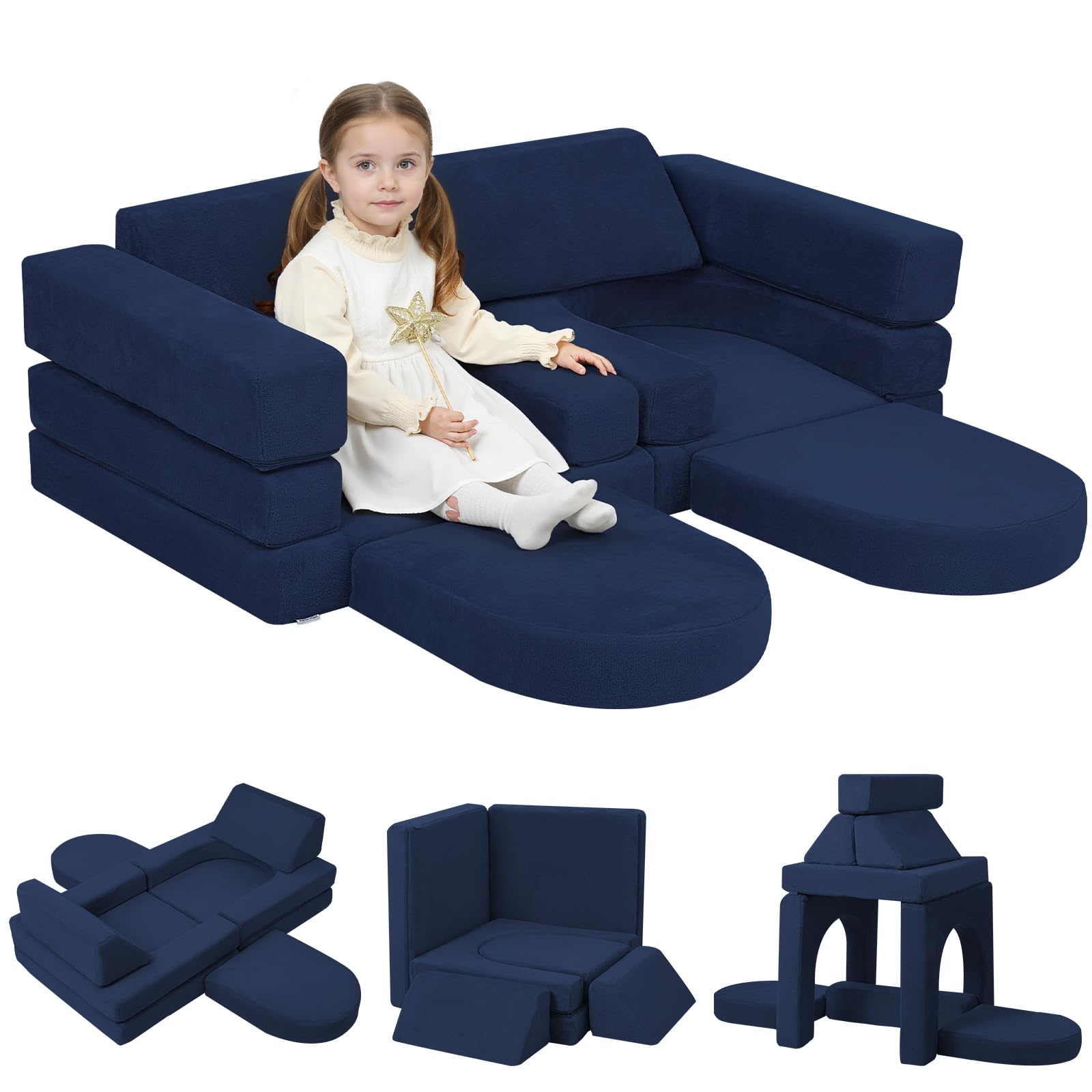 Photo 1 of *MINOR DAMAGE - USED*
MeMoreCool Kids Modular Play Couch – 10-Piece Navy Foam Sofa Set, Convertible Playroom Furniture | Fold-Out Toddler Bed | Safe, Washable & Imaginative Design