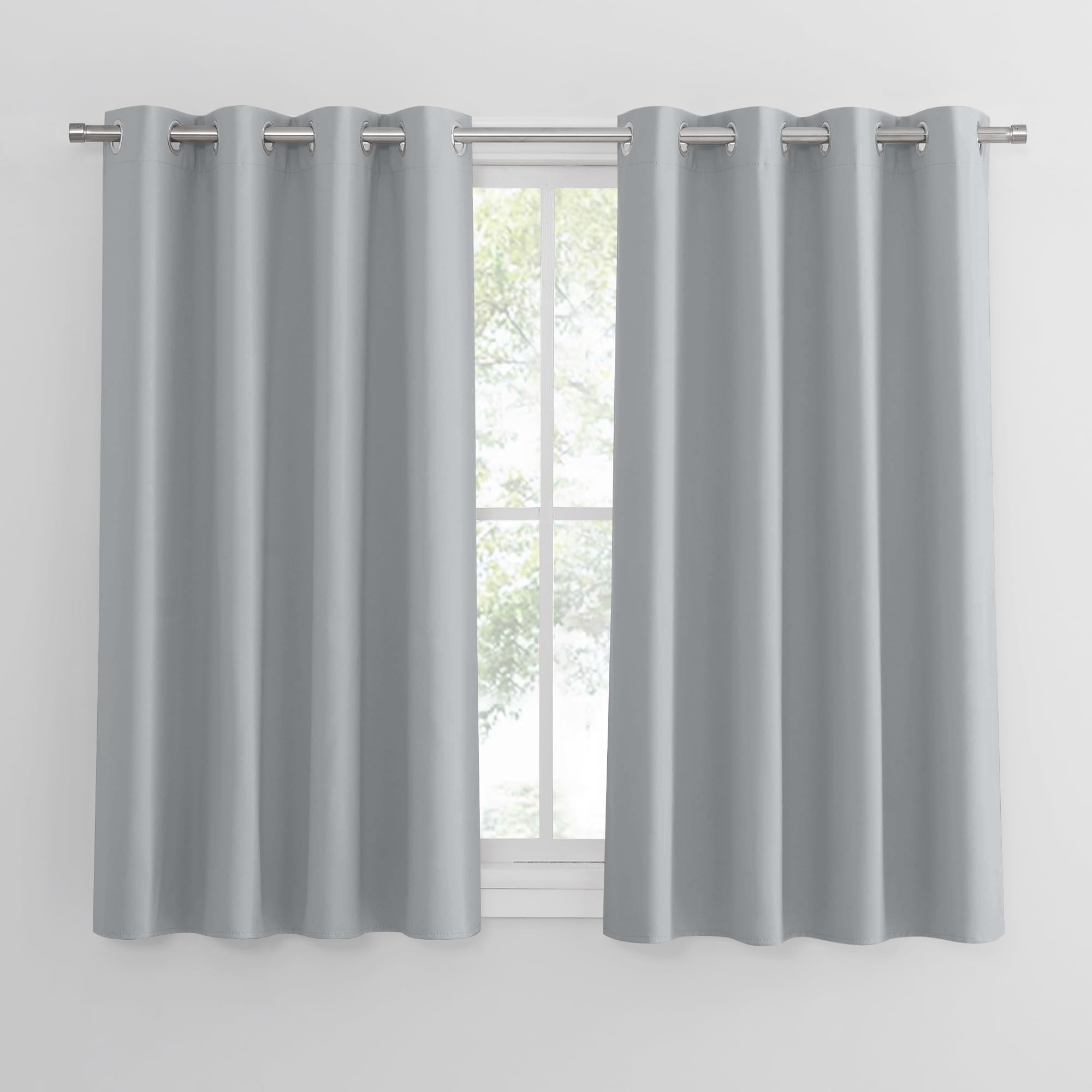 PONY DANCE Silver Grey Curtains Eyelet - Bedroom Blackout Light Blocking Short Curtain Thermal Insulated & Energy Saving Privacy Protected Drapes for Kitchen, 52 x 54 Inches, Silver Grey, 2 Panels