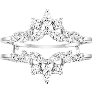925 Sterling Silver Created Round White Diamond Ring Guard Enhancer Pointed Chevron Leaf Crown Double Band Insert Jacket Brid