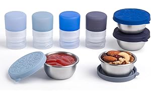 MICEBAY 8-Pack Salad Dressing Container To Go, 1-oz Silicone Small Condiment Squeeze Bottles and 1.6 oz Stainless Steel Sauce Containers Cups, Leakproof Condiment Containers with Lids for Lunch Box