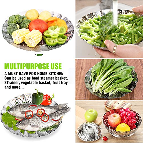 Vegetable Steamer Basket Stainless Steel Steamer Insert for Steaming Veggie Food Seafood Cooking, Metal Handle and Foldable Legs, Collapsible to Fit Various Pot Pressure Cooker, 5.3" Extends to 9.5" - Thumbnail 6
