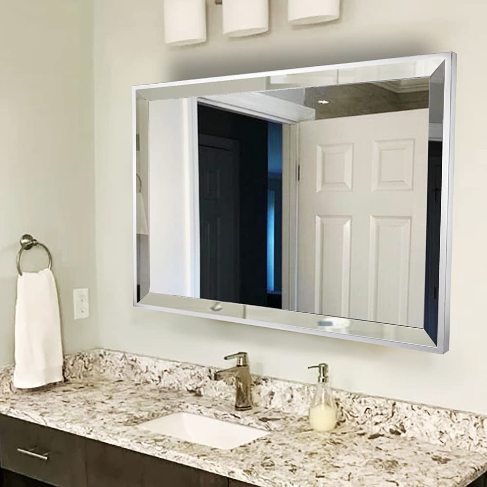 Photo 1 of Chende 28"X36" Angled Bathroom Wall Mirror, Large Living Room Mirror for Decor with 2" Stainless Steel Frame, Modern Decorative Mirror Horizontal or Vertical