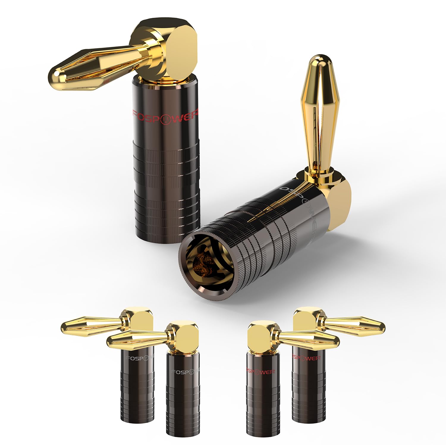 FosPower Right Angle Banana Plugs (6 Pairs / 12 pcs), Closed Screw 24K Gold Plated Banana Speaker Plug Connectors for Speaker Wire, Wall Plate, Home Theater, Audio/Video Receiver, and Sound Systems — image 1