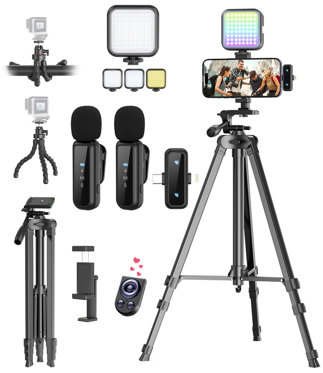 Vlogging Kit for iPhone/Android, YouTube Starter Kit with Wireless Microphone/Camera Tripod/Flexible Tripod/RGB Fill Light, Content Creator Essentials Kits for TikTok Vlog Video Recording