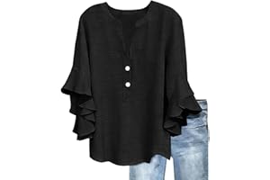 Womens 3/4 Length Sleeve Blouse Summer Ruffle V Neck Cotton Linen Shirt Dressy Work Office Shirts Casual Tunic Tops