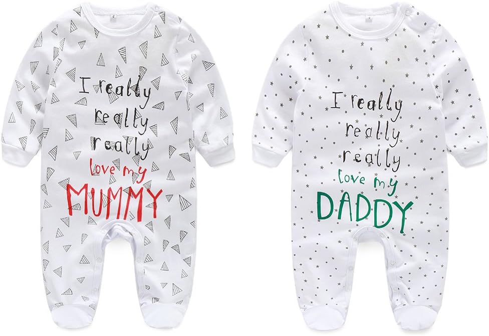 AOMOMO Unisex-Baby Newborn Footfeet Long Romper I Love Mummy I Love Daddy Bodysuit 2 Pack (3-6month)