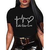 Women's Rhinestone Graphic Funny Cute Tops Melanin Black Girl Letter Print Christian Loose Summer T-Shirt