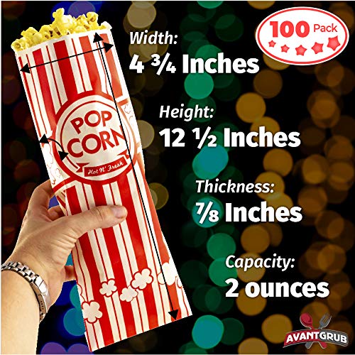 Popcorn Bags 100 Pack. Coated for Leak/Tear Resistance. Single Serving 2oz Paper Sleeves in Nostalgic Red/White Design. Great Movie Theme Party Supplies or Old Fashioned Carnivals & Fundraisers!