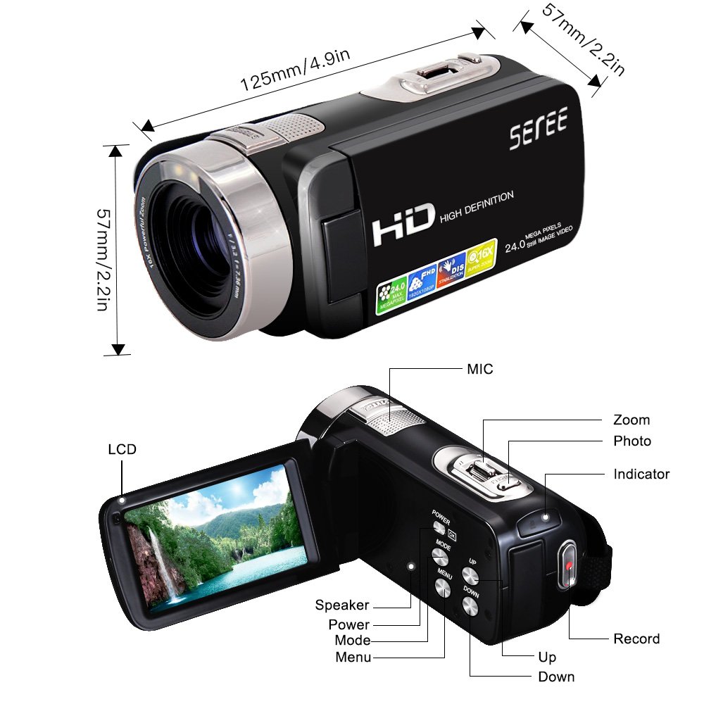 SEREE Camera Comcorder Full HD 1080p 16X Digital Zoom 2.7