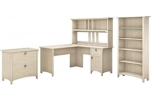 BUSH HOME Bush Furniture Salinas L Shaped Desk with Hutch, File Cabinet and 5 Shelf Bookcase | 3 Piece Living Room Furniture Set in Antique White | L Shaped Corner Desk with Storage