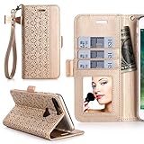 iPhone 8 Plus Case,iPhone 7 Plus Case, WWW [ Mirror Series] RFID-Resisting PU Leather Case Kickstand Flip Case with Card Slots and Mirror for iPhone 7 Plus/8 Plus Gold