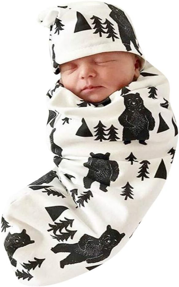 Cinnamou Baby Swaddle Wrap,Infant Newborn Boys Girls Cotton Sleeping Bag Child Windproof Warm Printed Blanket Muslin Wrap Hat Set