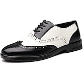 Men's Patchwork Two Tone Brogue Oxfords Shoes Fashion Hand Stitched Leather Dress Shoes Round-Toe Lace up Low Top Business Formal Derby Shoes