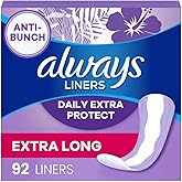 Always Anti-Bunch Xtra Protection, Panty Liners for Women, Light Absorbency, Extra Long Length, Leakguard + Rapiddry, Unsented, 92 Count