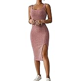 Womens Summer Tank Dress Casual Sleeveless Square Neck Dresses Bodycon Side Slit Sundress Midi Ribbed Sweater Dresses