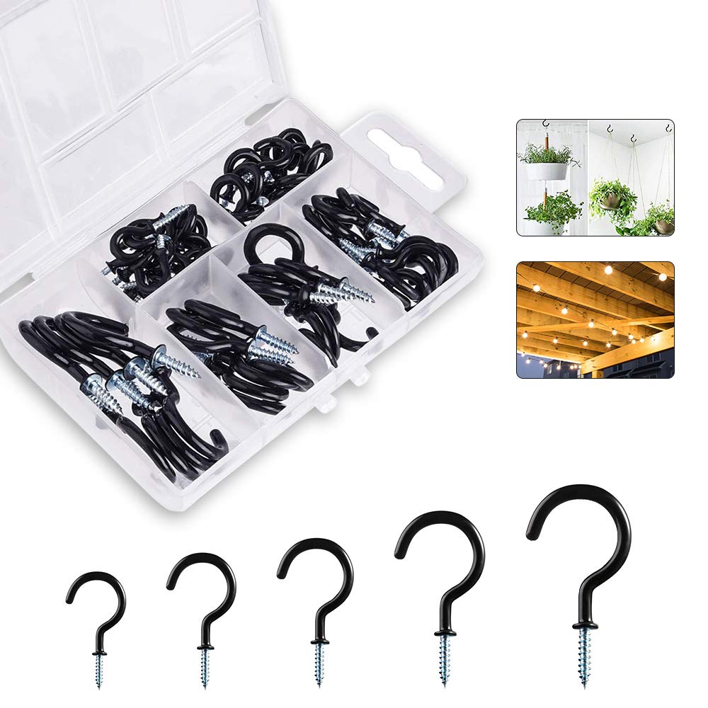 Screw Hooks Heavy Duty, 53 Pcs(5 Sizes) Vinyl Coated Metal Cup Hook with Screw for Wood Wall Ceiling, Screw in Hooks for Hanging Key/Jewelry/Cups,with Plastic Case, Outdoor Indoor, Black