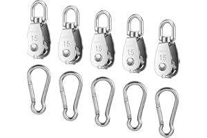 Oualhoo 5 PCS 304 Stainless Steel M15 Silver Single Pulley Block Wire Rope Hanging Wire Towing Wheel, Lifting Crane Pulley, with 5 PCS Spring Snap Hook