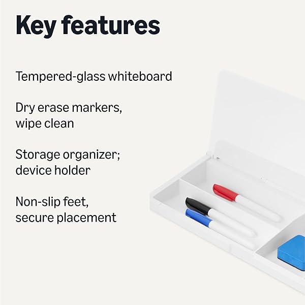 AMAZON BASICS DESKTOP DRY ERASE WHITEBOARD WITH ORGANIZER AND ACCESSORIES, TEMPERED GLASS, 15.7 X 5.4 INCHES, WHITE