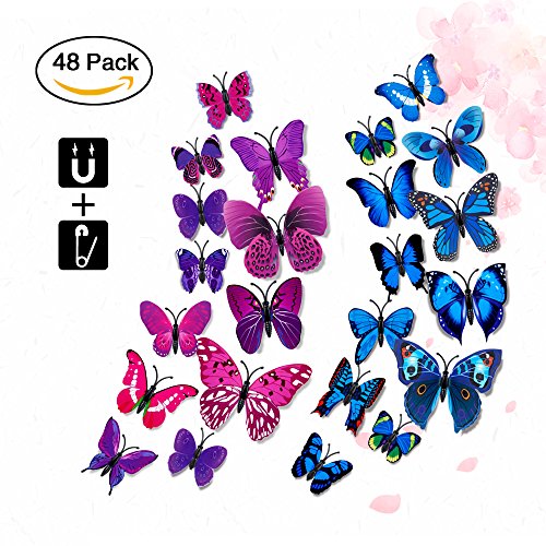 3D Lifelike Butterfly Wall Stickers, Rquite 48PCS 3D Artificial waterproof Butterfly Decor Refrigerator Magnet Curtain Pin Wall Stickers Decals for Nursery Bathroom Office Kids Bedroom-Purple+Blue - Thumbnail 6