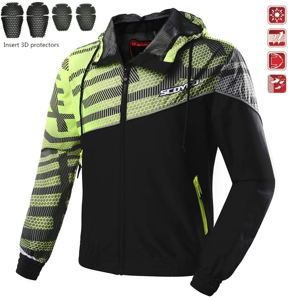 SCOYCO Hooded Summer Windproof Waterproof Ventilate Mesh Leisure Replaceable Protective Windbreaker Motorcycle Jacket (GREEN,XXL)