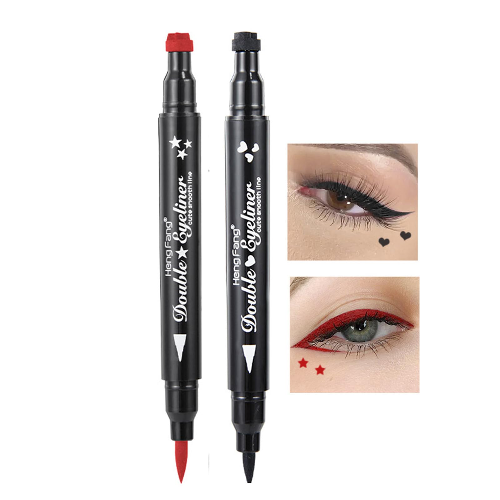 Eyeliner Stamp-OCHILIMA Double-sided Liquid Eyeliner Pen with Eye Makeup Stamp, Waterproof, Double Sided & Long Lasting Seal Tattoo Makeup Tool Red Black Stamp Pen (Red star Black love)