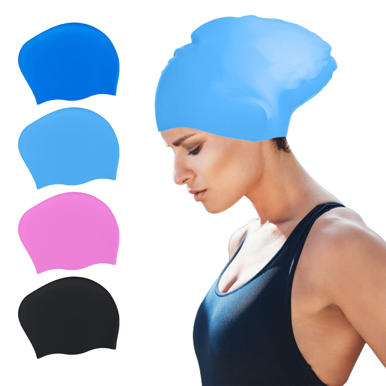 SUSNUAN Swimming Cap for Long Hair, Large Swimming Cap for Women Waterproof Silicone Swimming Hat for Long Hair, Adult Swimming Hat Swim Cap Light Blue, 21x26CM
