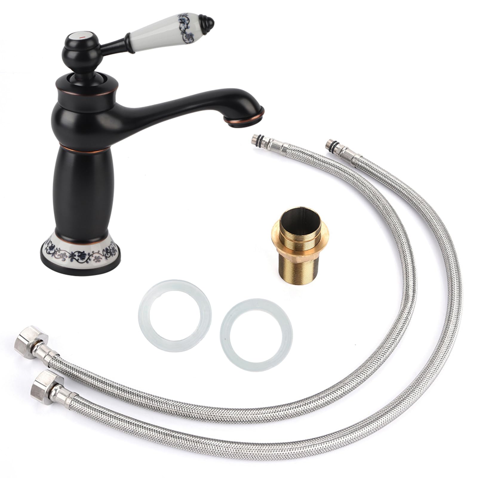 Vintage Floral Ceramic Single Handle Mixer Tap Cold Hot Water Bronze Faucet for Bathroom Basin Sink Home Decoration(Black)