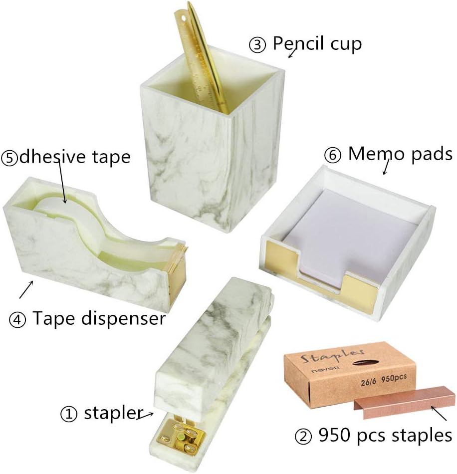 Multibey Marble Desk Organizers Office Supplies Set, 6 in 1 Stationery