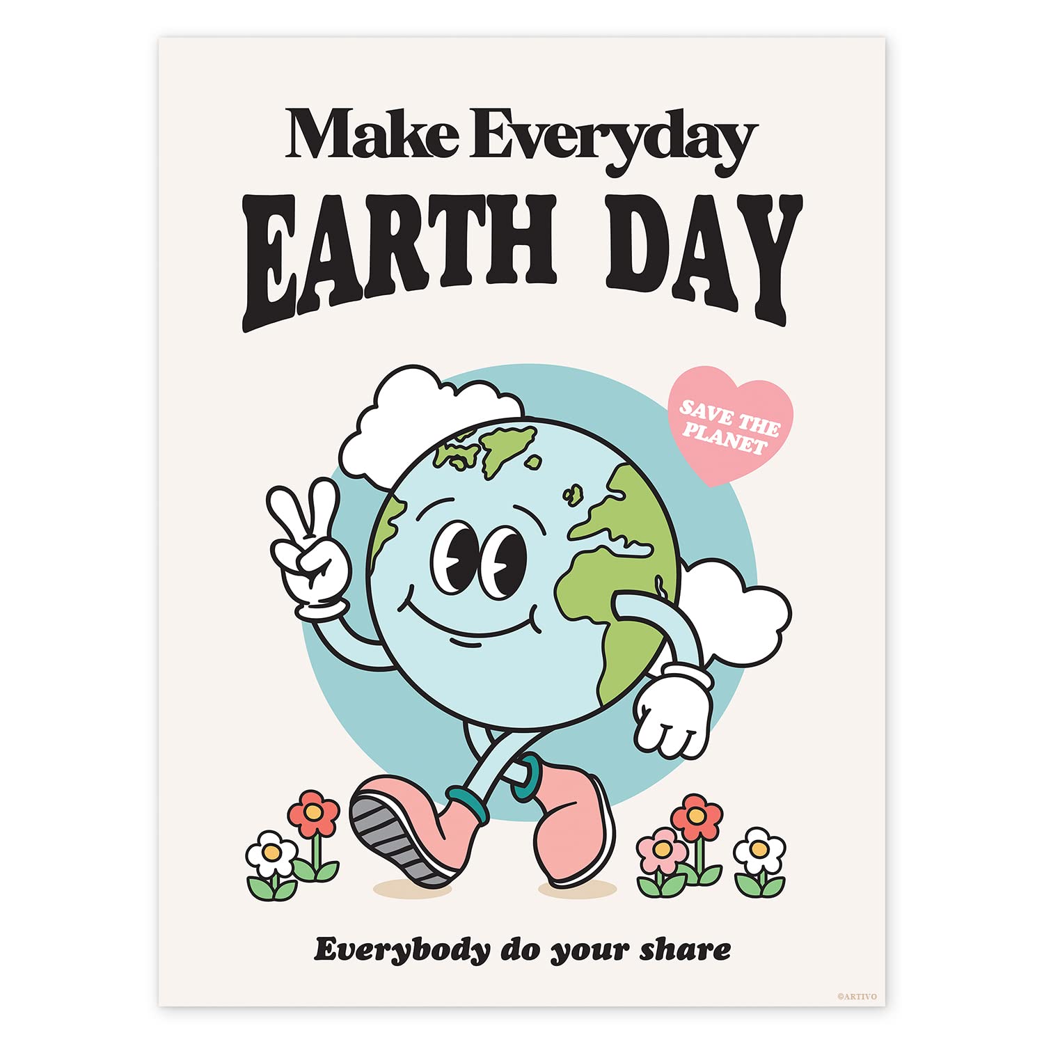 Artivo Retro Earth Day Poster, Earth Wall Art, Vintage Character Dorm Poster
