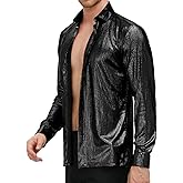 PJ PAUL JONES Men's 70s Disco Shirts Luxury Metallic Sequins Button Down Long Sleeve Party Shirt Nightclub Costume Tops