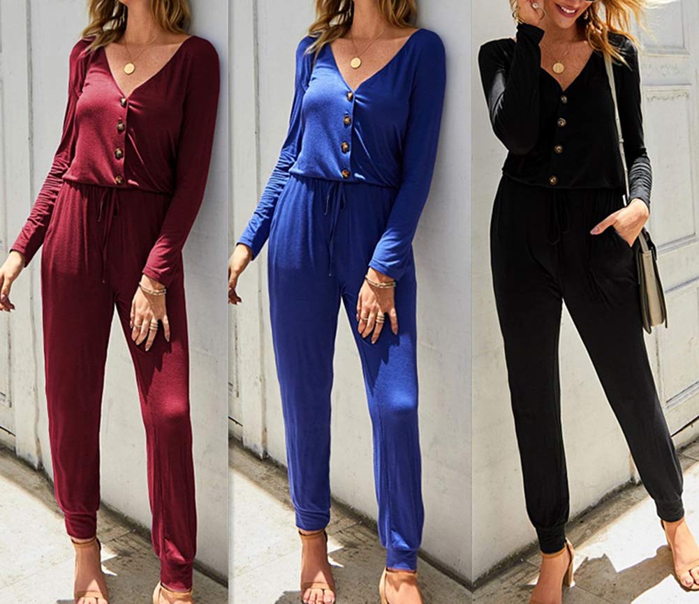 Annystore Women Black Jumpsuit - Long Sleeve V Neck Button Down Casual Long Rompers with Pockets M