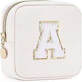 Wandering Nature Personalized Mini Initial Makeup Bag with Glitter Chenille Letter Patch, Small Preppy Makeup Bag with Slip-In Pockets, Ideal Gift for Valentine's Day Mother's Day (Patent Pending)