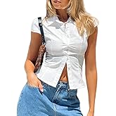 Women Y2k Button Up Shirts Short Sleeve V Neck Collared Cropped Shirt Tops Casual Fitted Going Out Blouse Top