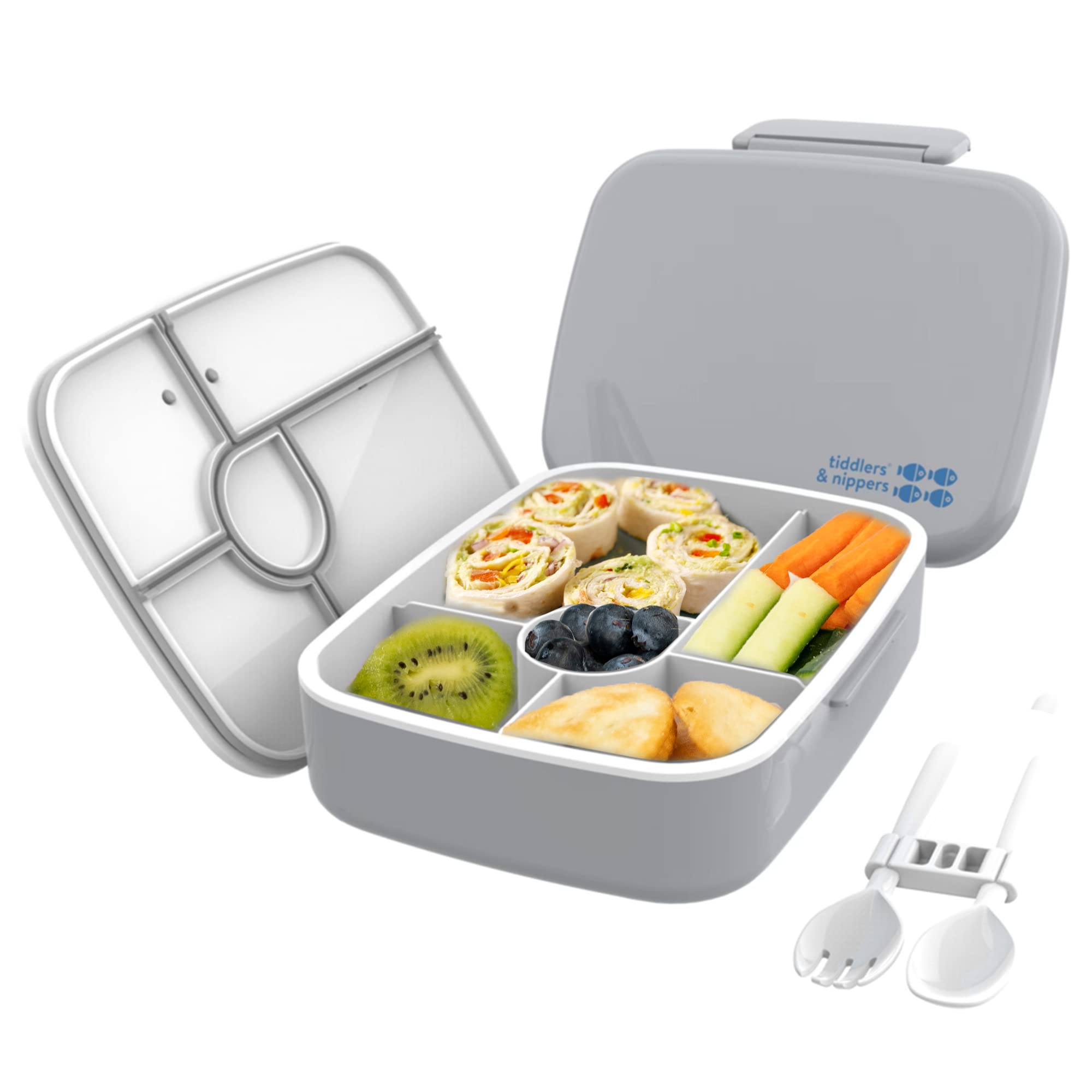 tiddlers & nippers 5 Compartment Lunch/Bento Box for Kids & Adults! | Includes Reusable Cutlery - Fork & Spoon | Leak-Proof & BPA-Free | Microwave, Freezer & Dishwasher Safe (Plain Grey) — image 1