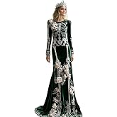 Women's Skeleton Print Maxi Dress Long Sleeve Gothic Halloween Dress Women | Skeleton Costume Halloween Dresses for Women 3D Digital Print Velvet Floral Dress Halloween Goth Parties Skeleton Dress Women