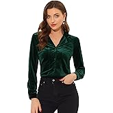 Allegra K Velvet Blouse for Women's Collared Long Sleeve Halloween Button Down Shirt Top