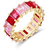 AFFY Eternity Rainbow Ring 18K Gold Plated Emerald-Cut Multi Color AAA Created-Gemstone Rainbow Ring, Stackable Ring, Wedding Band for Women, Gift For Her