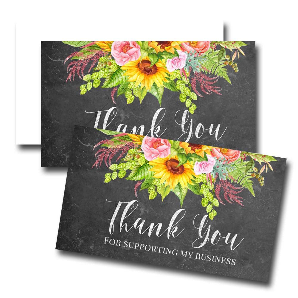 Chalkboard Floral Sunflower Thank You Customer Appreciation Package Inserts for Small Businesses, 100 2" X 3.5” Single Sided Insert Cards by AmandaCreation