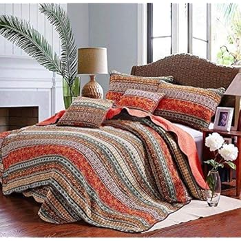 Best Striped Classical Cotton 3-Piece Patchwork Bedspread Quilt Sets Queen
