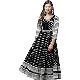 Yash Gallery Women's Cotton Slub Ikat Printed 3/4 Sleeve Round Neck Regular Anarkali Kurtis For Summer