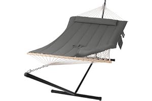SUNCREAT Double Outdoor Hammock with Stand, Two Person Cotton Rope Hammock with Polyester Pad, Dark Gray