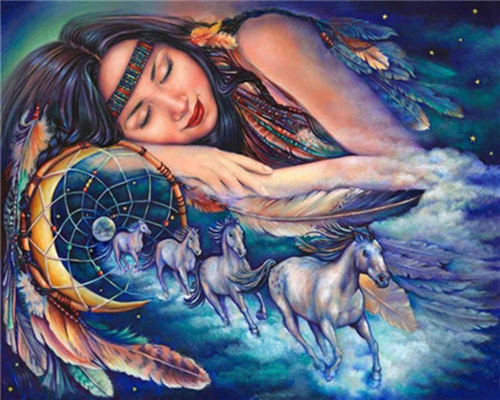 WOWDECOR Paint by Numbers Kits, Diy Oil Painting - Indian Girl Feather Horses Moon 16x20 inch (Frameless)