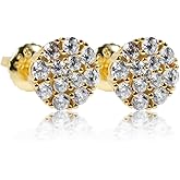 Mens Small Trendy Round 14k Yellow Gold Plated 925 Sterling Silver Screw Back Post Micro Tiny Hip Hop Circle Shape Iced 5A CZ Flower Cluster Earrings For Men Women