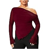WDIRARA Women's Plus Size Off Shoulder Mesh Ruched Asymmetrical Long Sleeve Tops T Shirt
