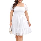 Women Plus Size Square Neck Puff Sleeve Babydoll Summer Chiffon Swiss Dot Flowy Short Smocked Dress